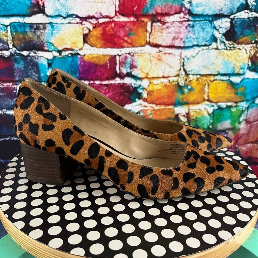 Sole Society Pumps Andorra Leopard Block Heel Shoes 9M Animal Fur - Picture 1 of 10